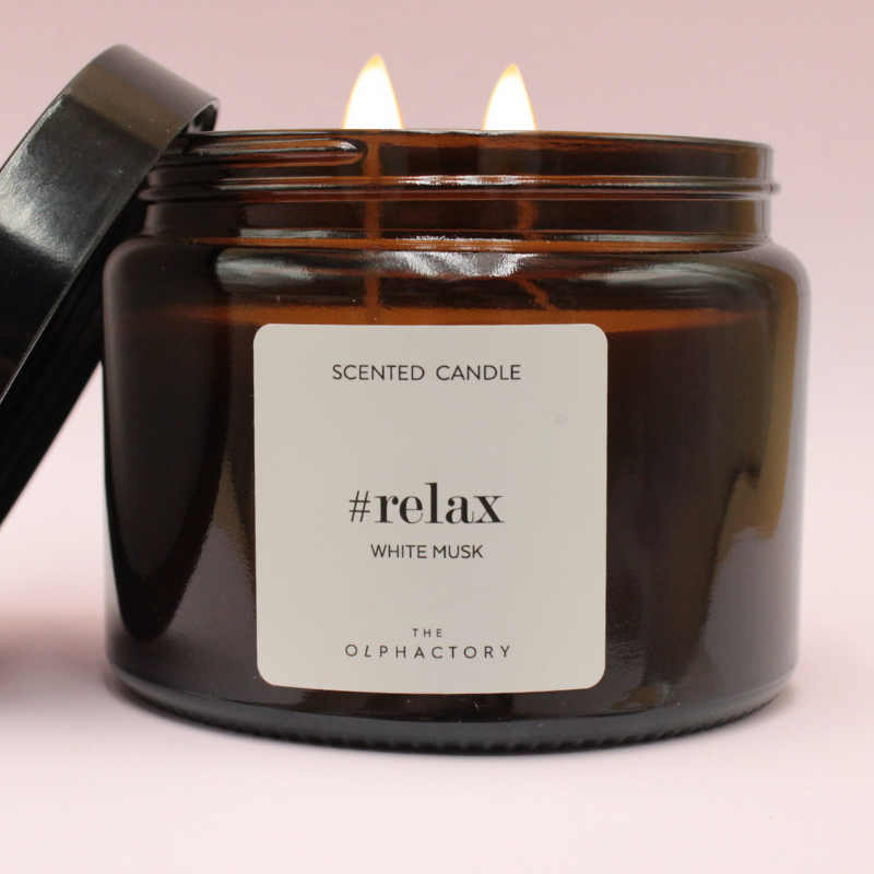 Bougie Double Mèches Relax - Verre Ambré - Parfum Musc Blanc