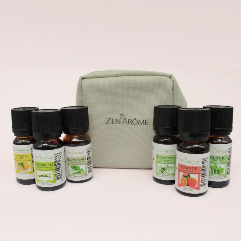 Huiles essentielles 100% naturelles x 6 senteurs indispensables + 1 trousse de rangement offerte Huiles essentielles 100% naturelles x 6 senteurs indispensables + 1 trousse de rangement offerte